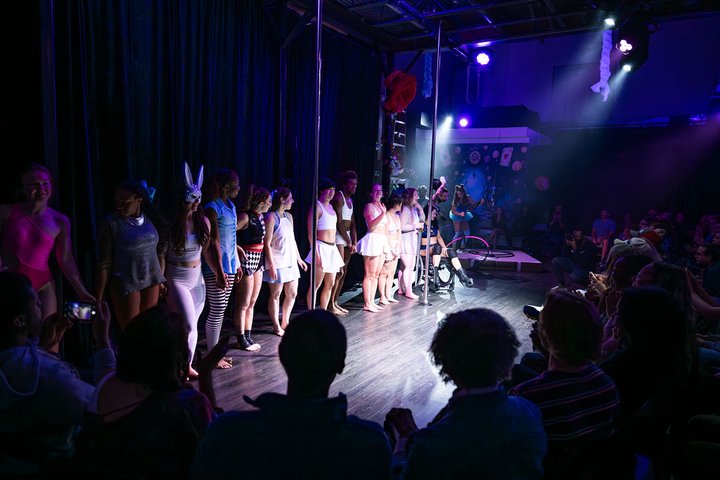 Adult pole cast lined up on stage before the audience at a Luna Aerial Dance showcase, Frederick Maryland · Erin White Photography