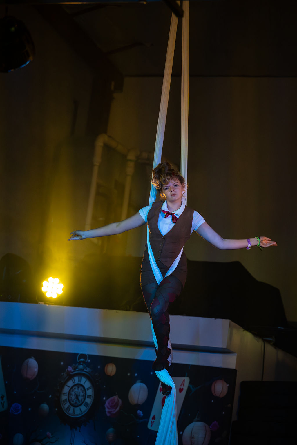 A youth student performing on aerial silks at Luna Aerial Dance in Frederick, Maryland
