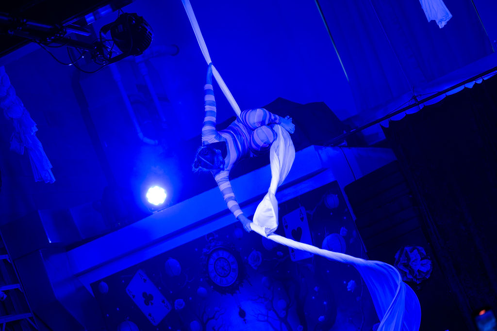 Aerial fabrics performer suspended in deep blue light at Luna Aerial Dance in Frederick, Maryland. Photography: Erin White Photography.