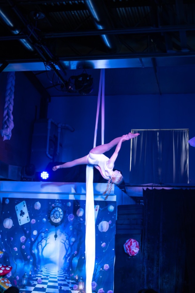 Youth student performing on aerial silks at Luna Aerial Dance & Performing Arts, Frederick, Maryland
